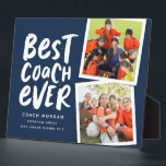 Best coach ever navy two photo team thank you plaque<br><div class="desc">Say thank you to a great coach and celebrate a wonderful season with this fun two-photo plaque with a navy and white color scheme. Personalize it with your own text too to commemorate a successful season. Makes a great way to show your appreciation for any sports season and athletes young...</div>