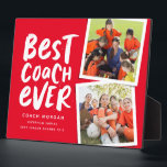 Best coach ever red two photo team thank you plaque<br><div class="desc">Say thank you to a great coach and celebrate a wonderful season with this fun two-photo plaque with a red and white color scheme. Personalize it with your own text too to commemorate a successful season. Makes a great way to show your appreciation for any sports season and athletes young...</div>