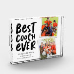 Best coach ever two photo team thank you black acrylic award<br><div class="desc">Say thank you to a great coach and celebrate a wonderful season with this fun two-photo plaque with a black and white color scheme. Personalize it with your own text too to commemorate a successful season. Makes a great way to show your appreciation for any sports season and athletes young...</div>