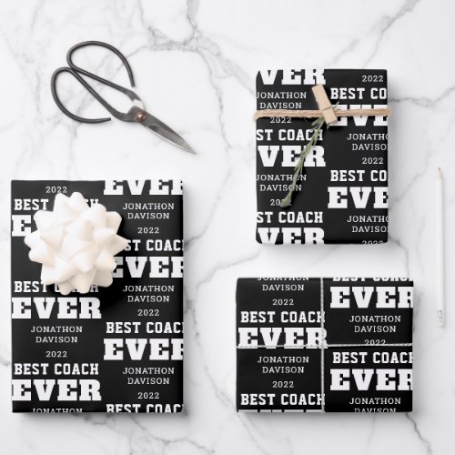 Best Coach Ever Typography Name Year White Black Wrapping Paper Sheets