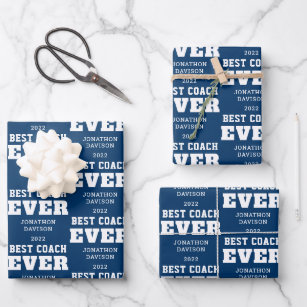 Best Coach Ever Typography Name Year White Blue Wrapping Paper Sheets
