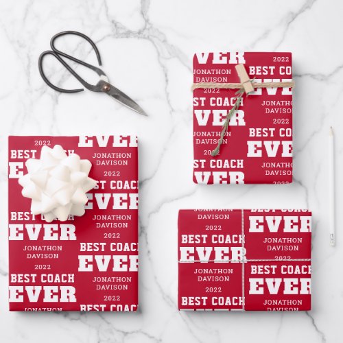 Best Coach Ever Typography Name Year White Red Wrapping Paper Sheets