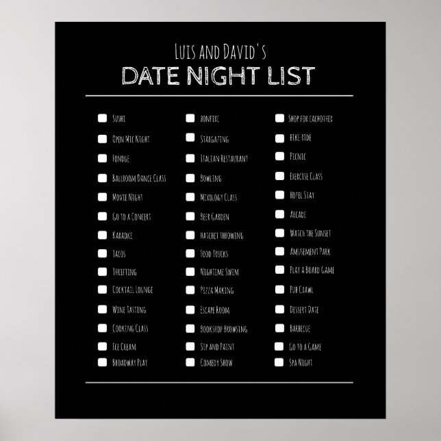 Best couple's gift date night bucket list poster (Front)