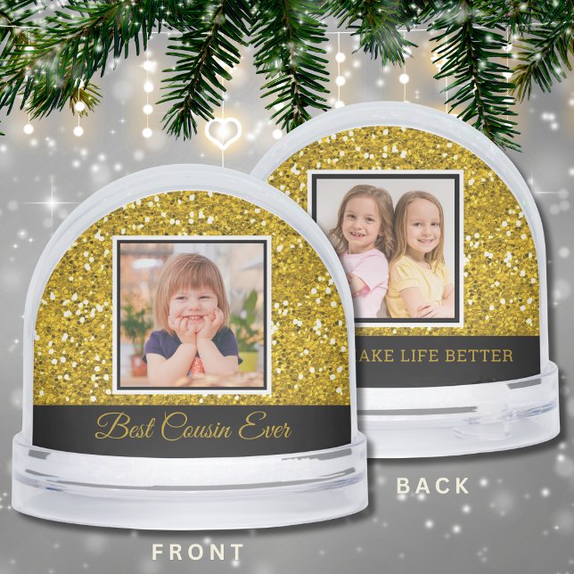 Best Cousin Ever 2 Photo Keepsake Gold Glitter Snow Globe (Creator Uploaded)