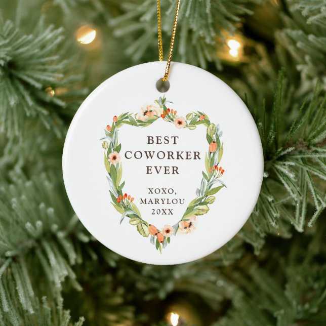 Best Coworker Ever Personalized Floral Greenery Ceramic Ornament (Tree)
