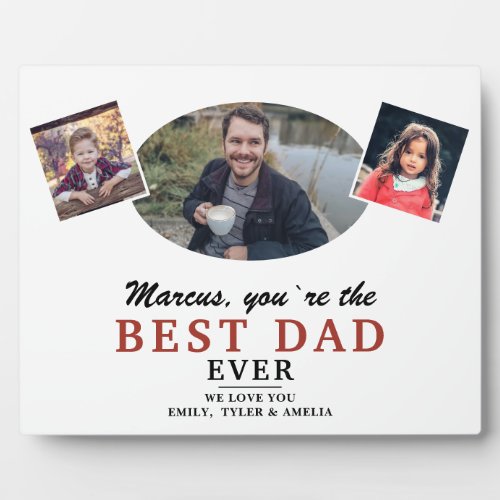 Best Dad 2 Kids Photo Collage Father`s Day Plaque - Best Dad 2 Kids Photo Collage Father`s Day Plaque. 3 photos in oval and square frames - add 3 photos. The text is a trendy black and red typography. You can change any text or erase it. A perfect gift and a sweet keepsake for a dad.