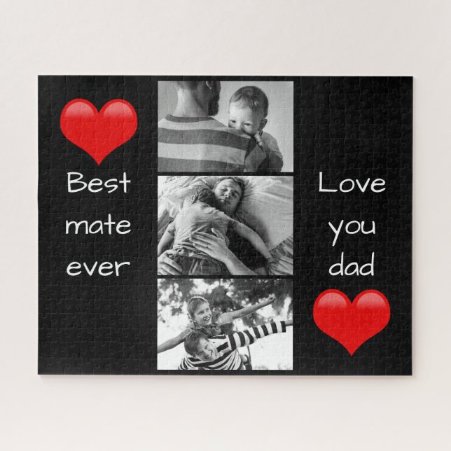 Best Dad 3-Photo Custom Text Love Heart Jigsaw Puzzle (Horizontal)