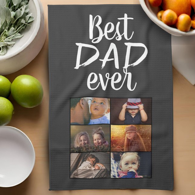 Best Dad 6 Photo Collage Family Photo Grey Kitchen Towel (Creator Uploaded)
