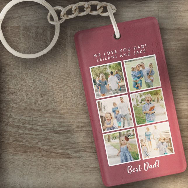 Best Dad! 6 Photo Collage Modern Burgundy Keychain (Creator Uploaded)