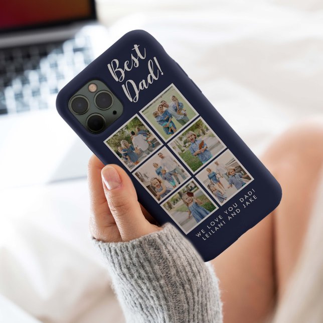 Best Dad! 6 Photo Collage Modern Navy Blue Case-Mate iPhone Case (Modern Best Dad 6 photo collage with message for Father's Day, Christmas, or Dad's B-day. )
