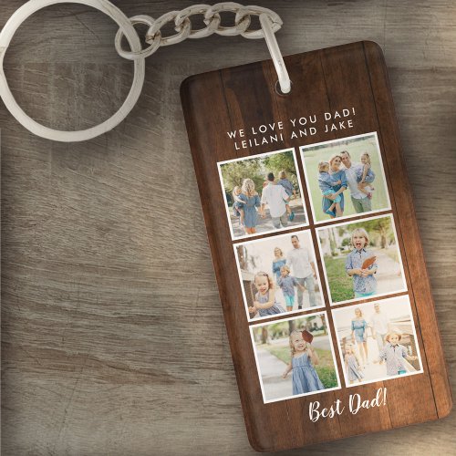 Best Dad 6 Photos Custom Message Rustic Wood Keychain
