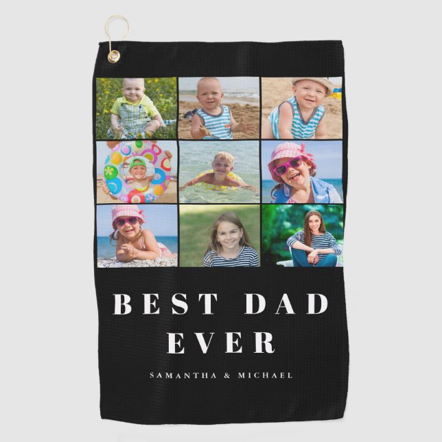Best Dad 9 Photo Collage Name Golf Towel (Front)