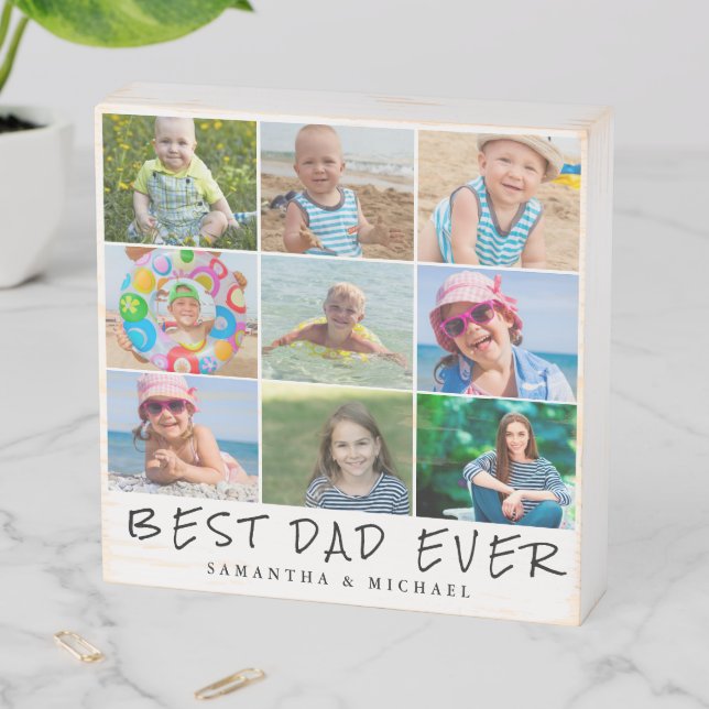 Best Dad 9 Photo Collage Name Wooden Box Sign (In Situ Horizontal)