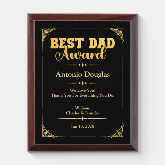 Best Dad Award Father's Day Gift | Gold & Black Plaque (Vertical)