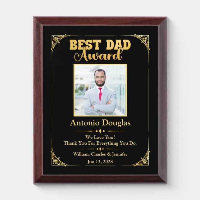 Best Dad Award Photo Father's Day | Gold & Black Plaque (Vertical)