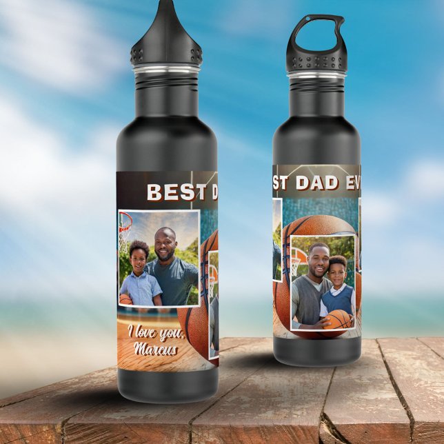 Best Dad Basketball Ball 3 Photo Collage Father Stainless Steel Water Bottle (Creator Uploaded)