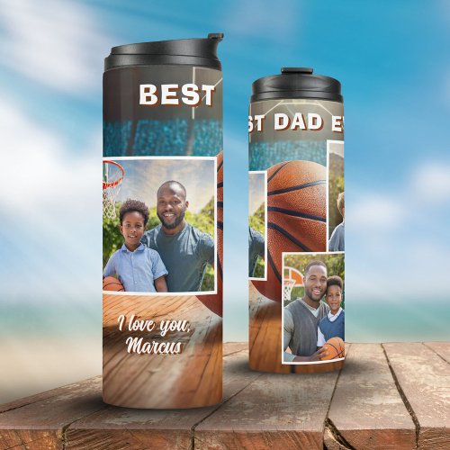 Best Dad Basketball Ball 3 Photo Collage Father Thermal Tumbler