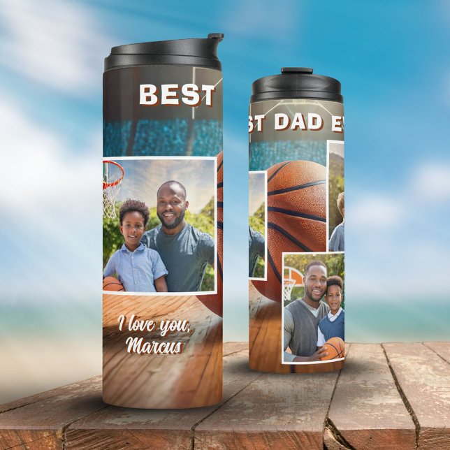 Best Dad Basketball Ball 3 Photo Collage Father Thermal Tumbler (Creator Uploaded)