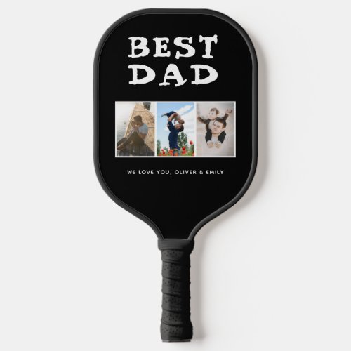 Best Dad Black Custom 3 Photo Collage Pickleball Paddle