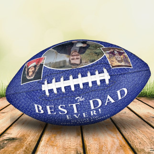 Best Dad Blue Leather Father`s Day 3 Photo Collage Football (Creator Uploaded)