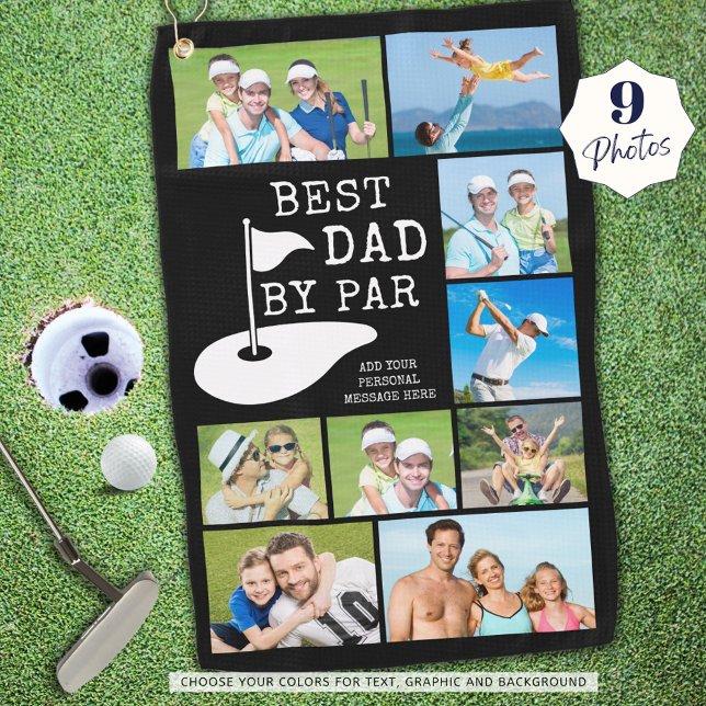 BEST DAD BY PAR 9 Photo Collage Personalized Golf Towel (Creator Uploaded)