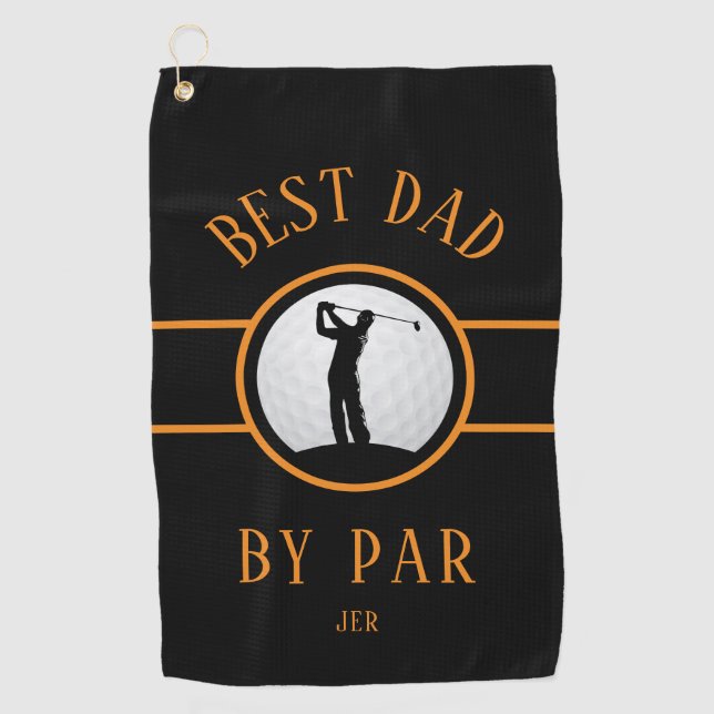 Best Dad By Par Golf Quote Monogram Black Orange Golf Towel (Front)
