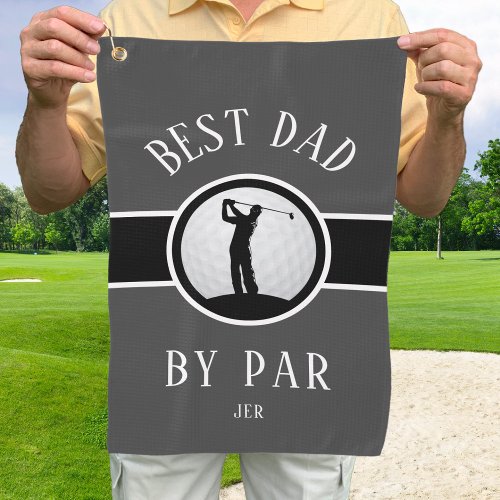 Best Dad By Par Golf Quote Monogrammed Gray Black Golf Towel