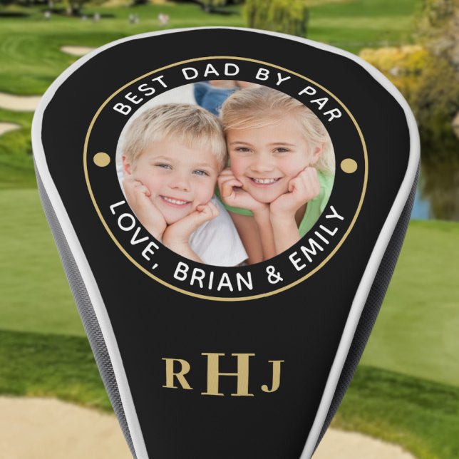 BEST DAD BY PAR Photo Monogram Black Gold Golf Head Cover (Creator Uploaded)