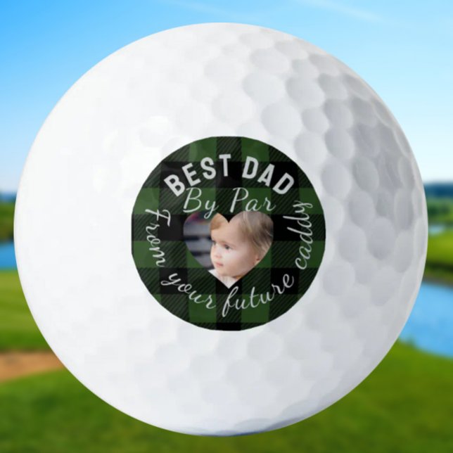 Best Dad Custom Kids Photo Green Buffalo Plaid Golf Balls (Creator Uploaded)