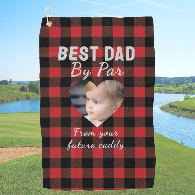 Best Dad Custom Kids Photo Red Buffalo Plaid Golf Towel (Creator Uploaded)