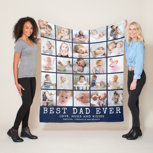 BEST DAD EVER 25 Photo Collage Navy Blue White Fleece Blanket