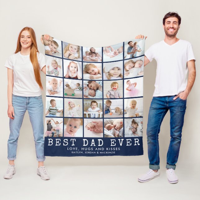 BEST DAD EVER 25 Photo Collage Navy Blue White Fleece Blanket (In Situ)