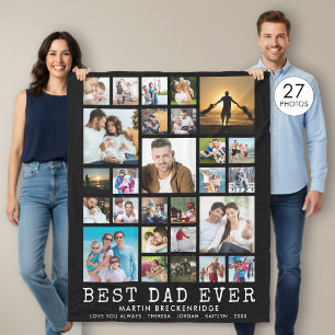 BEST DAD EVER 27 Photo Collage Your Text Black Fleece Blanket