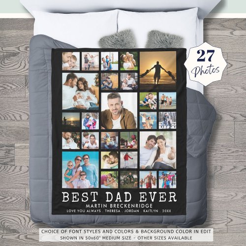 BEST DAD EVER 27 Photo Collage Your Text Black Fleece Blanket