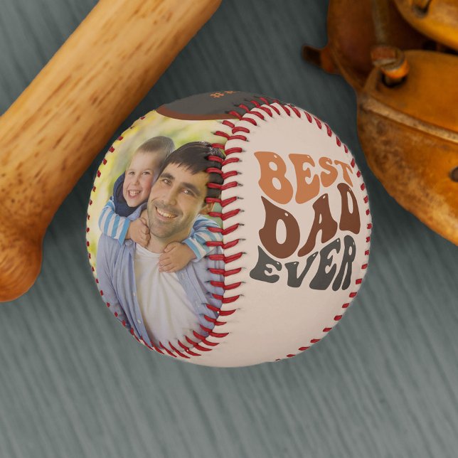 Best Dad Ever 2 Photo with Groovy Retro Typography Baseball (Creator Uploaded)