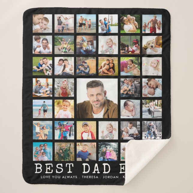 BEST DAD EVER 39 Photo Collage Personalized Black Sherpa Blanket (Front)