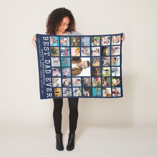 BEST DAD EVER 39 Photo Collage Personalized Navy Fleece Blanket