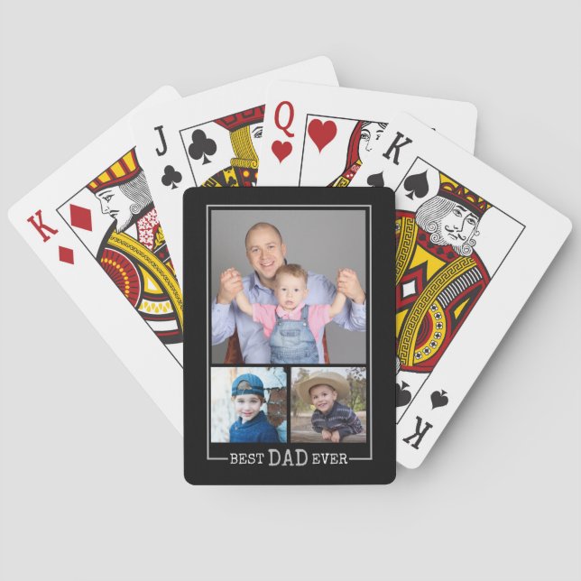 Best Dad Ever 3 Photo Collage Black Poker Cards (Back)