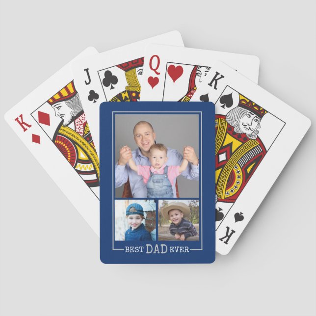 Best Dad Ever 3 Photo Collage Blue Poker Cards (Back)