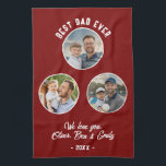 Best Dad Ever 3 Photos Father`s Day Keepsake Kitchen Towel<br><div class="desc">Red Best Dad Ever 3 Photos Father`s Day kitchen towel. 3 pictures in a circle frame on a dark red background. Add 3 photos,  text and year. A perfect kitchen gift and a sweet keepsake for Father`s Day for father or grandfather.</div>