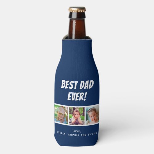 Best Dad Ever 3 Photos on Dark Blue Bottle Cooler