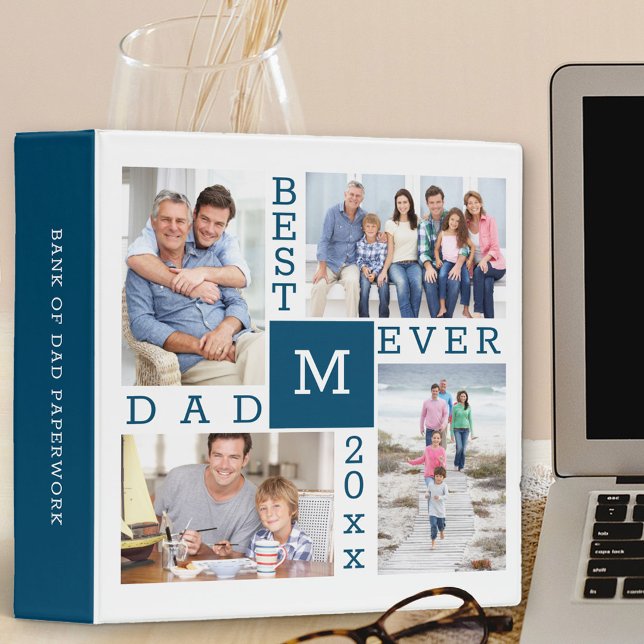 Best Dad Ever 4 Photo Collage Blue and White 3 Ring Binder (Creator Uploaded)