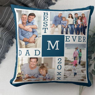 Best Dad Ever 4 Photo Collage Blue White Monogram Throw Pillow