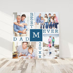 Best Dad Ever 4 Photo Collage Blue White Square Canvas Print<br><div class="desc">Custom Photo Collage Canvas Print for the Best Dad Ever. The template is set up ready for you to add 4 of your favorite photos, the year and initial. A great gift for father's day, a birthday or as a keepsake of an event or personal achievement. The design has a...</div>