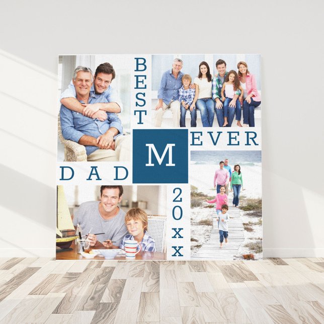 Best Dad Ever 4 Photo Collage Blue White Square Canvas Print (Creator Uploaded)