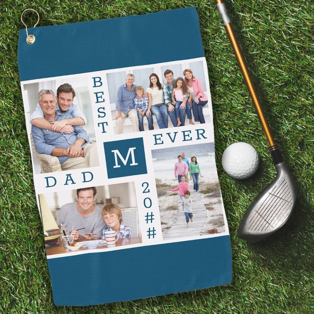 Best Dad Ever 4 Photo Collage Custom Year Blue Golf Towel (Creator Uploaded)