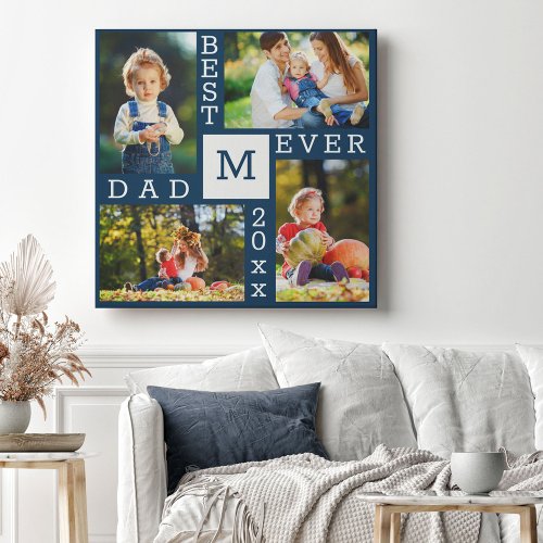 Best Dad Ever 4 Photo Collage Dark Blue and White Canvas Print