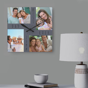 Best Dad Ever 4 Photo Collage Grey Square Wall Clock