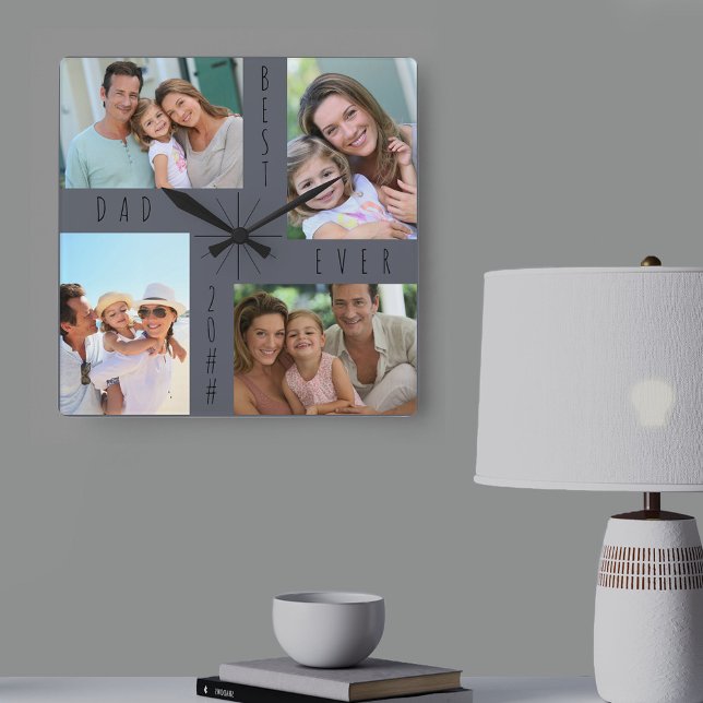 Best Dad Ever 4 Photo Collage Grey Square Wall Clock (Creator Uploaded)