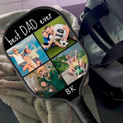 Best Dad Ever 4 Photo Collage Monogram Your Color Pickleball Paddle